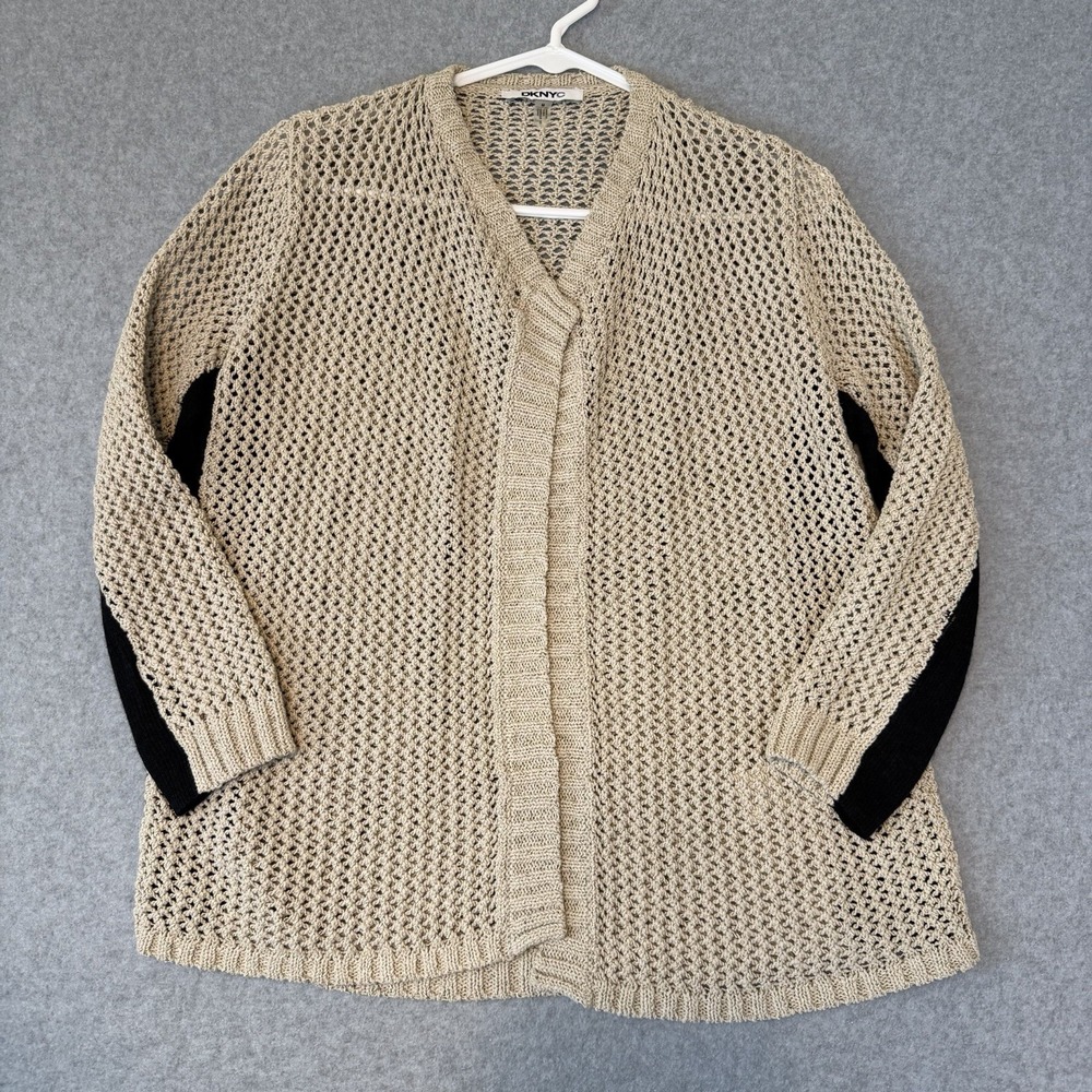 DKNY Women's Open Front Crocheted Knit Cardigan Sweater W/Contrasting Panels M